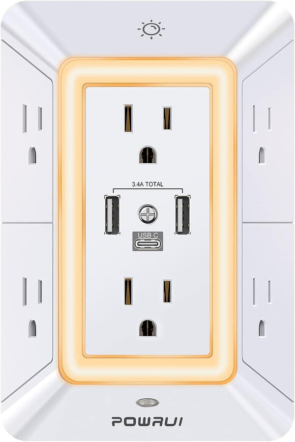 Surge Protector USB Outlet Extender - POWRUI Multi Plug with 6 Outlet Splitter and 3 USB Charging Ports and Night Light,3-Sided Power Strip with Adapter Spaced Outlets - White,ETL - Premium HOME DÉCOR from Visit the POWRUI Store - Just $17.48! Shop now at Handbags Specialist Headquarter