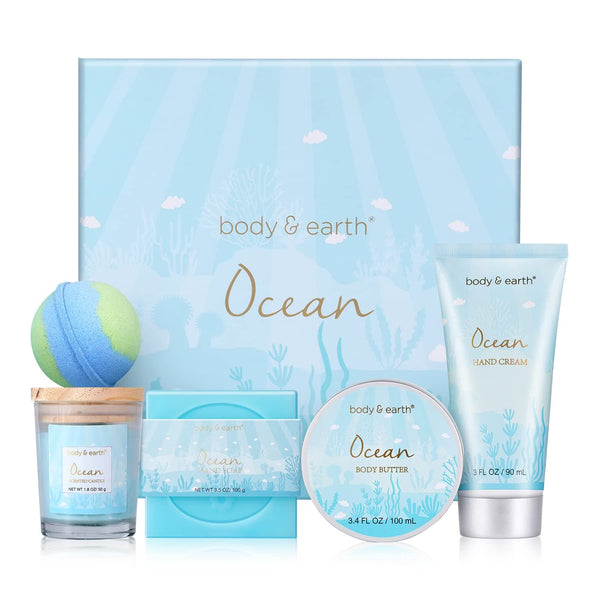 Gifts for Women, Bath Set with Ocean Scented Spa Gifts for Her, Includes Scented Candle, Body Butter, Hand Cream, Bath Bar and Bomb, 5 Pcs Bath Gift Sets, Gifts Set for Women, Gifts for Mom - Premium Bath & Shower Sets from Visit the BODY & EARTH Store - Just $31.99! Shop now at Handbags Specialist Headquarter