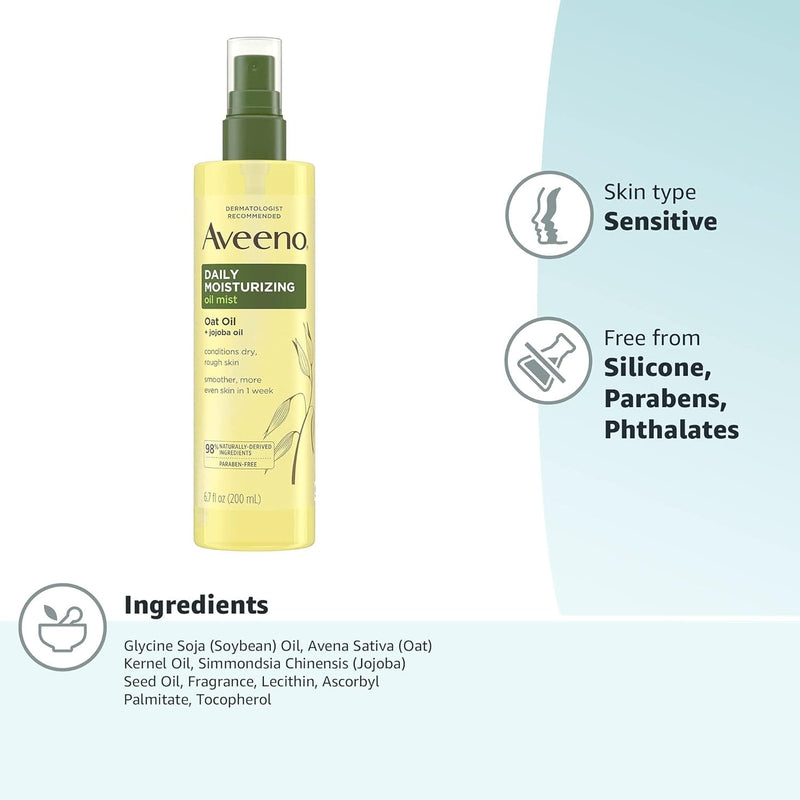 Aveeno Daily Moisturizing Dry Body Oil Mist with Oat and Jojoba Oil for Dry, Rough Sensitive Skin, Nourishing & Hypoallergenic Body Spray, Paraben-, Silicone- & Phthalate-Free, 6.7 fl. oz - Premium Body Oils from Visit the Aveeno Store - Just $15.99! Shop now at Handbags Specialist Headquarter