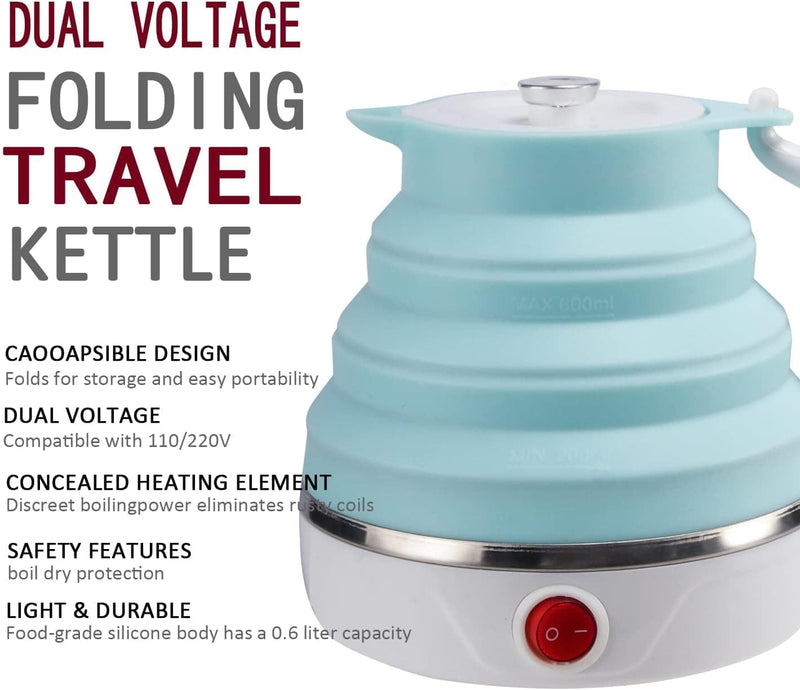 Travel Foldable Electric Kettle, Collapsible Food Grade Silicone Small Kettle Boiling water,Dual Voltage（600ml,110-220V US Plug） (Blue) - Premium Kitchen Helpers from Brand: T-magitic - Just $49.99! Shop now at Handbags Specialist Headquarter