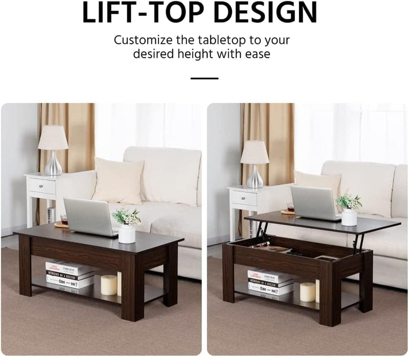 Yaheetech Lift Top Coffee Table with Hidden Compartment and Storage Shelf, Rising Tabletop Dining Table for Living Room Reception Room, 38.6in L, Espresso
