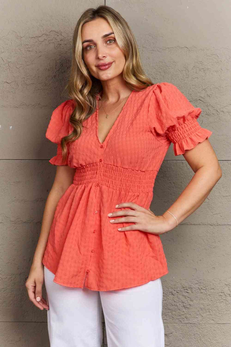Culture Code Whimsical Wonders Full Size V-Neck Puff Sleeve Button Down Top - Premium Dresses from Trendsi - Just $29! Shop now at Handbags Specialist Headquarter