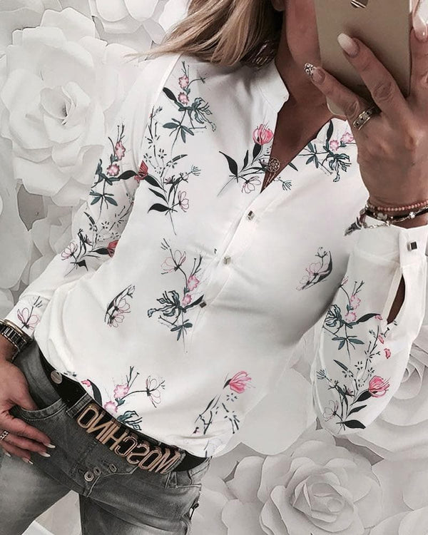 New Women Shirt Floral V-neck Long-Sleeved Printed Shirt Hot Autumn Spring Female Casual Blouse - Premium Women's T Shirt from eprolo - Just $23.16! Shop now at Handbags Specialist Headquarter