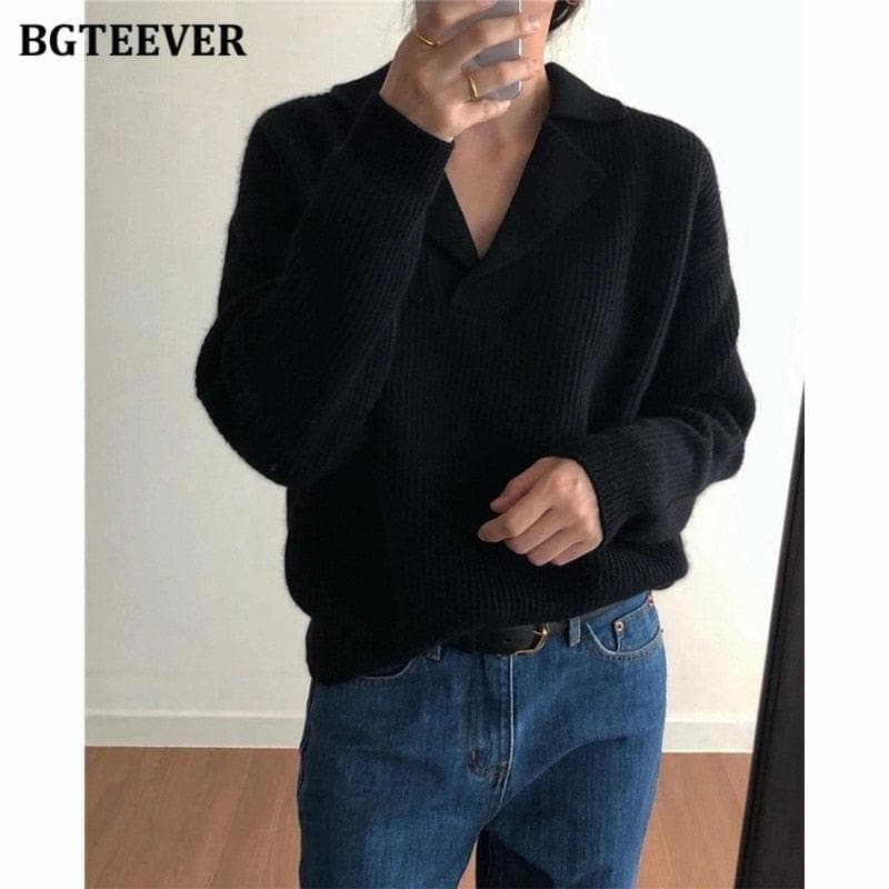 BGTEEVER Casual Chic Loose Turn-down Collar Women Knitted Jumpers Autumn New Full Sleeve Female Solid Pullover Sweaters - Premium Women's T Shirt from eprolo - Just $31.88! Shop now at Handbags Specialist Headquarter