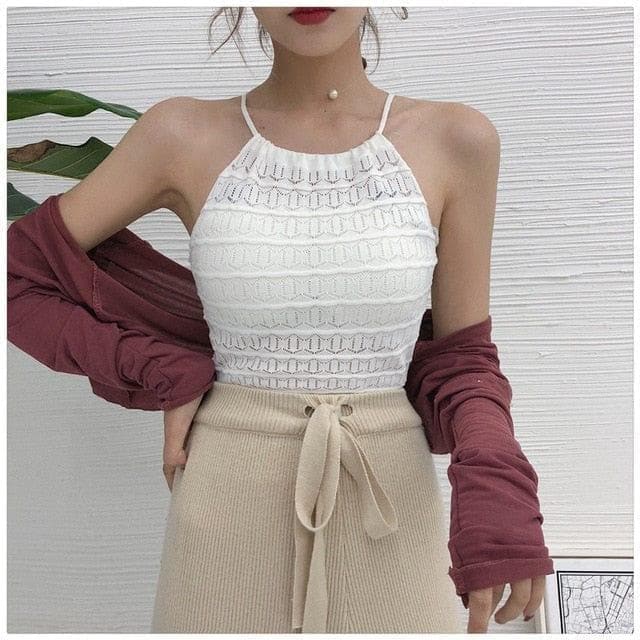 Women Slim Knitting Halter Neck Hollow Out Camisole Tops Female Crop Tanks Tops Sleeveless Solid T shirts Tees - Premium Women's T Shirt from eprolo - Just $15.98! Shop now at Handbags Specialist Headquarter