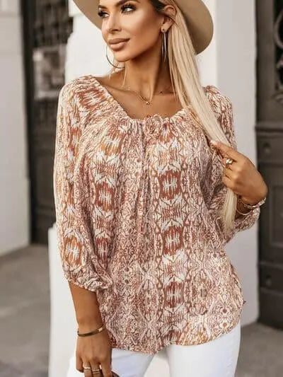 Printed Boat Neck Balloon Sleeve Blouse.
