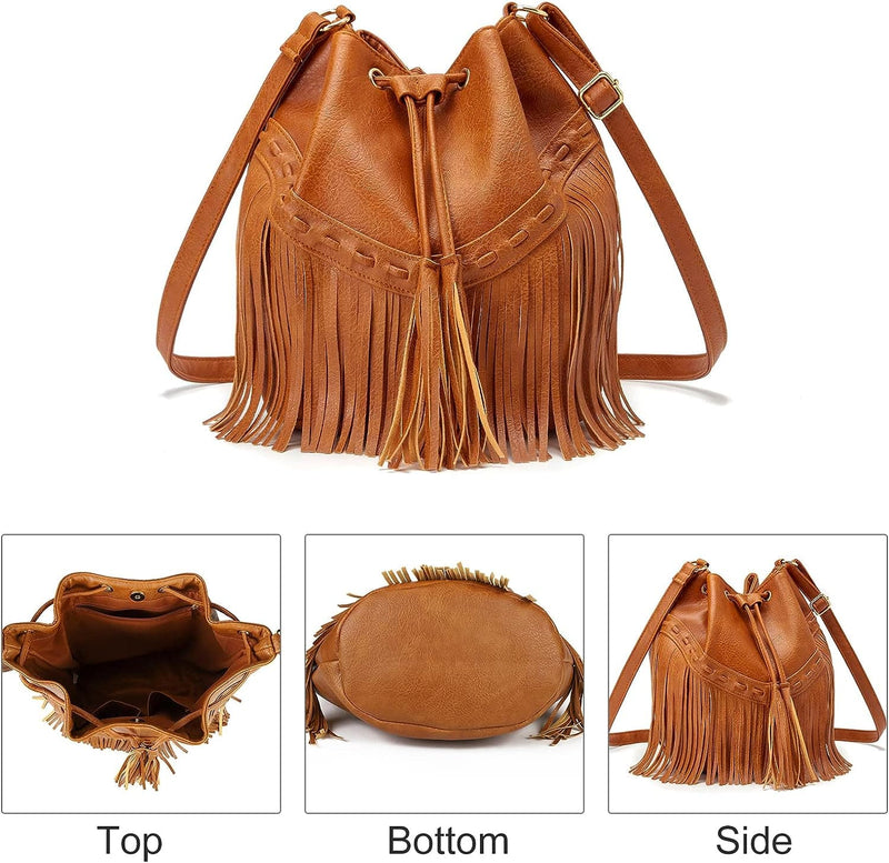 Leather Bucket Bags for Women Crossbody Purses with Drawstring Ladies Tassel Hobo and Shoulder Handbags - Premium Handbags from Brand: Gladdon - Just $34.99! Shop now at Handbags Specialist Headquarter