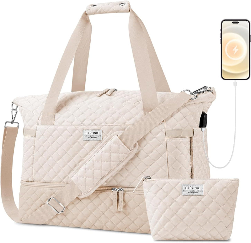 ETRONIK Travel Bag for Women, Gym Duffel Bag with USB Charging Port, Weekender Overnight Bag with Wet Pocket and Shoes Compartment for Women Travel Gym Daily Use (Beige) - Premium Travel Duffels from Visit the ETRONIK Store - Just $53.99! Shop now at Handbags Specialist Headquarter