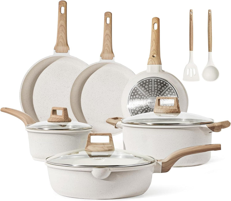 CAROTE 21Pcs Pots and Pans Set, Nonstick Cookware Sets, White Granite Induction Cookware Non Stick Cooking Set w/Frying Pans & Saucepans(PFOS, PFOA Free) - Premium Cookware from Visit the CAROTE Store - Just $111.99! Shop now at 