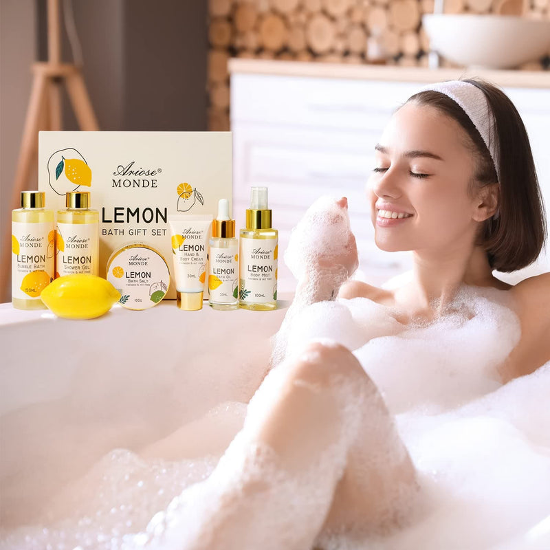 Birthday Gifts Set for Women, Bath Spa Gift Box Set with Shower Gel, Bubble Bath, Body Cream, Bath Soap, Bath Salt, Essential Oil, Bath and Body Gift Box for Women Lemon Scent - Premium Bath & Shower Sets from Visit the ArioseMonde Store - Just $31.99! Shop now at Handbags Specialist Headquarter