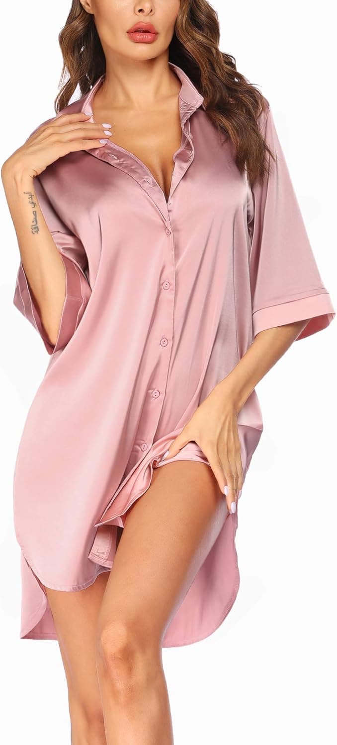Ekouaer Women's Satin Nightshirt Button Down Sleepshirt Silk 3/4 Sleeve Nightgown Boyfriend Notch Collar Sleepwear S-3XL - Premium Women's from Visit the Ekouaer Store - Just $31.99! Shop now at Handbags Specialist Headquarter