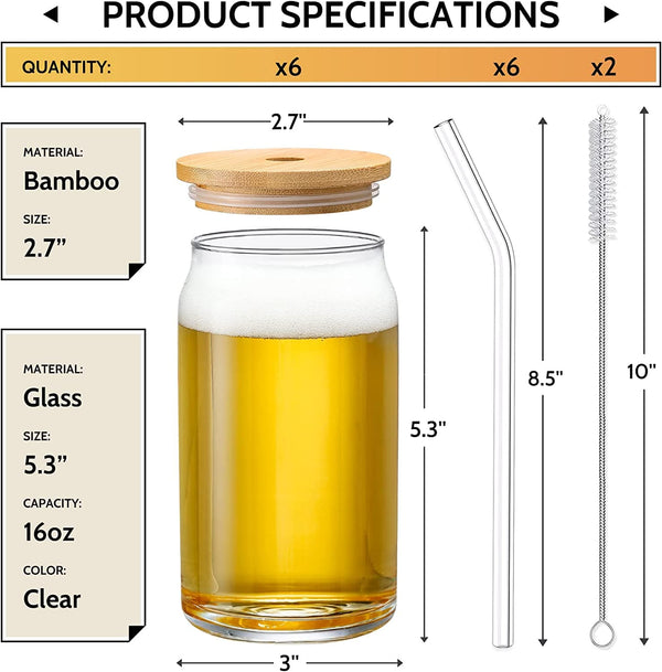 [ 6pcs Set ] Glass Cups with Bamboo Lids and Glass Straw - Beer Can Shaped Drinking Glasses, 16 oz Iced Coffee Glasses, Cute Tumbler Cup for Smoothie, Boba Tea, Whiskey, Water - 2 Cleaning Brushes - Premium bar accessories from Visit the VITEVER Store - Just $32.98! Shop now at Handbags Specialist Headquarter