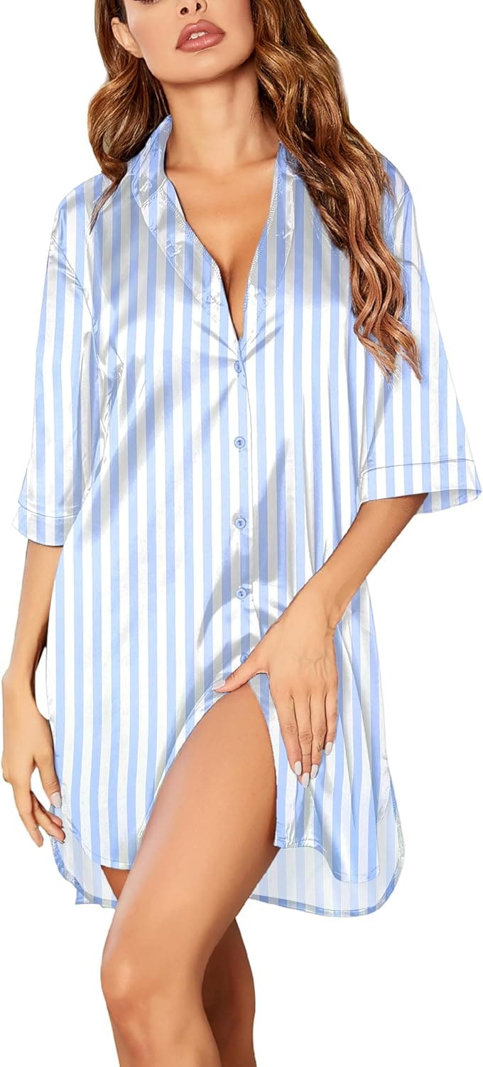 Ekouaer Women's Satin Nightshirt Button Down Sleepshirt Silk 3/4 Sleeve Nightgown Boyfriend Notch Collar Sleepwear S-3XL - Premium Women's from Visit the Ekouaer Store - Just $31.99! Shop now at Handbags Specialist Headquarter