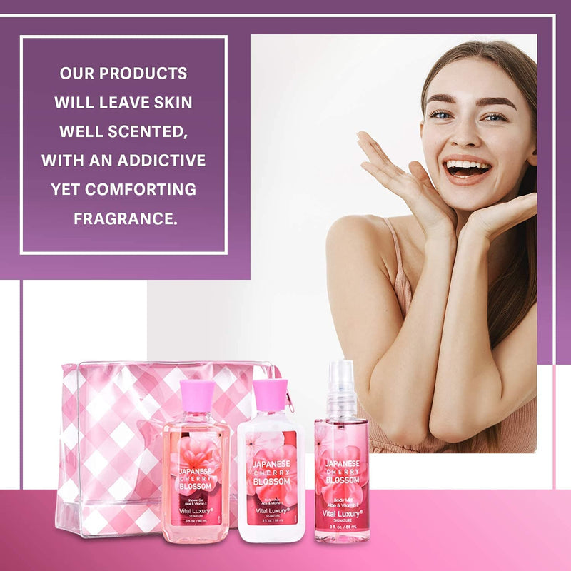 Vital Luxury Bath & Body Care Travel Set - Home Spa Set with Body Lotion, Shower Gel and Fragrance Mist, Valentines Day Gifts for Her and Him(Japanese Cherry Blossom) - Premium Bath & Shower Sets from Visit the Vital Luxury Store - Just $27.99! Shop now at Handbags Specialist Headquarter