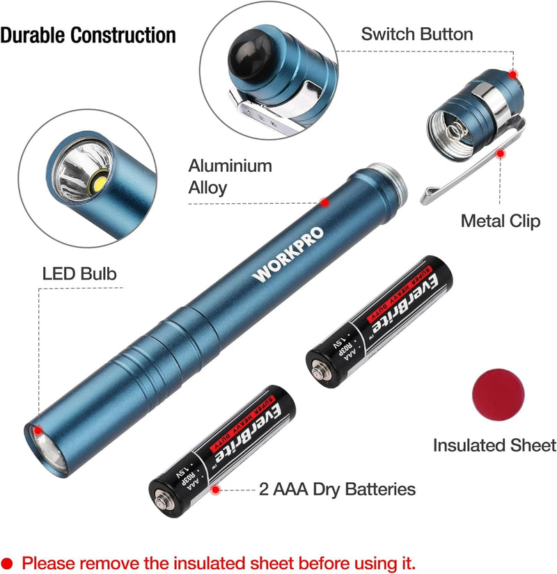 WORKPRO LED Pen Light Set, Battery-Powered Aluminum Handheld Flashlights, Pocket Torch Penlight with High Lumens for Camping, Outdoor, Emergency, Everyday, 8AAA Batteries Included, Blue (4-Pack) - Premium Flashlights from Visit the WORKPRO Store - Just $19.99! Shop now at Handbags Specialist Headquarter