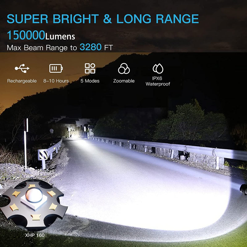 BERCOL Rechargeable Flashlights High Lumens 150000 Lumens Super Bright Led Flash Lights, XHP 160.4 High Powerful Flashlight with 5 Modes, Zoomable, IP67 Waterproof for Camping - Premium DECOR from Visit the BERCOL Store - Just $79.99! Shop now at Handbags Specialist Headquarter