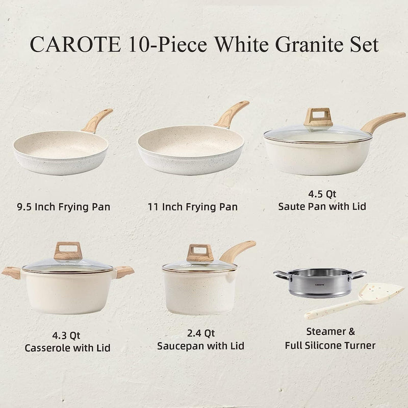 CAROTE Pots and Pans Set Nonstick, White Granite Induction Kitchen Cookware Sets, 10 Pcs Non Stick Cooking Set w/Frying Pans & Saucepans(PFOS, PFOA Free) - Premium Kitchen Cookware Sets from Visit the CAROTE Store - Just $139.99! Shop now at Handbags Specialist Headquarter