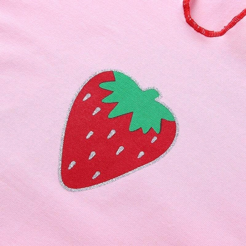 Contrast Color Strawberry Print T-shirt Short Sleeve Navel Bare Crop Tops Tees Slim Fit Women Outfits - Premium Women's T Shirt from eprolo - Just $18.48! Shop now at Handbags Specialist Headquarter