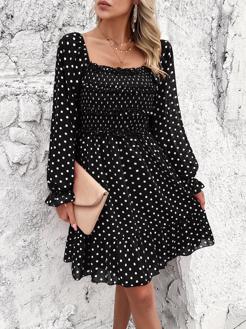Smocked Polka Dot Long Sleeve Dress - Premium Dresses from Trendsi - Just $37! Shop now at Handbags Specialist Headquarter