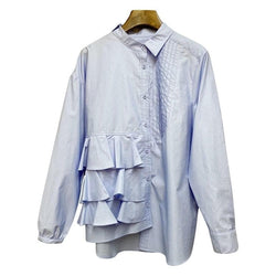 Women Blue Irregular Pleated Big Size Blouse New Lapel Long Sleeve Loose Fit Shirt - Premium Women's T Shirt from eprolo - Just $37.99! Shop now at Handbags Specialist Headquarter
