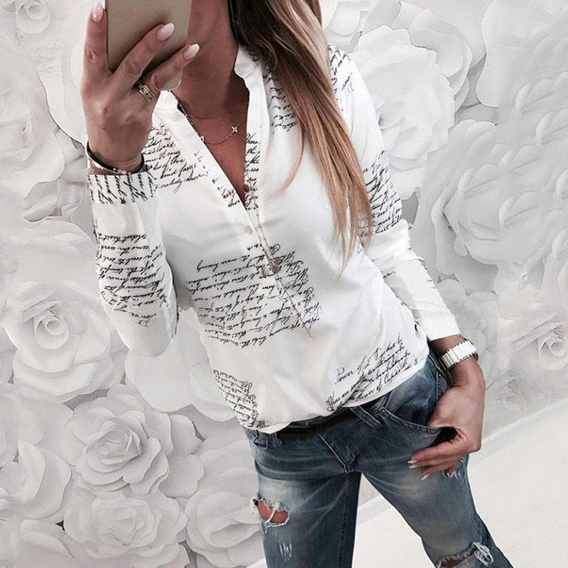 Women V Neck Letters Printing White Button Office Long Sleeve Shirt Top Fashion Blouse Womens Tops - Handbags Specialist Headquarter