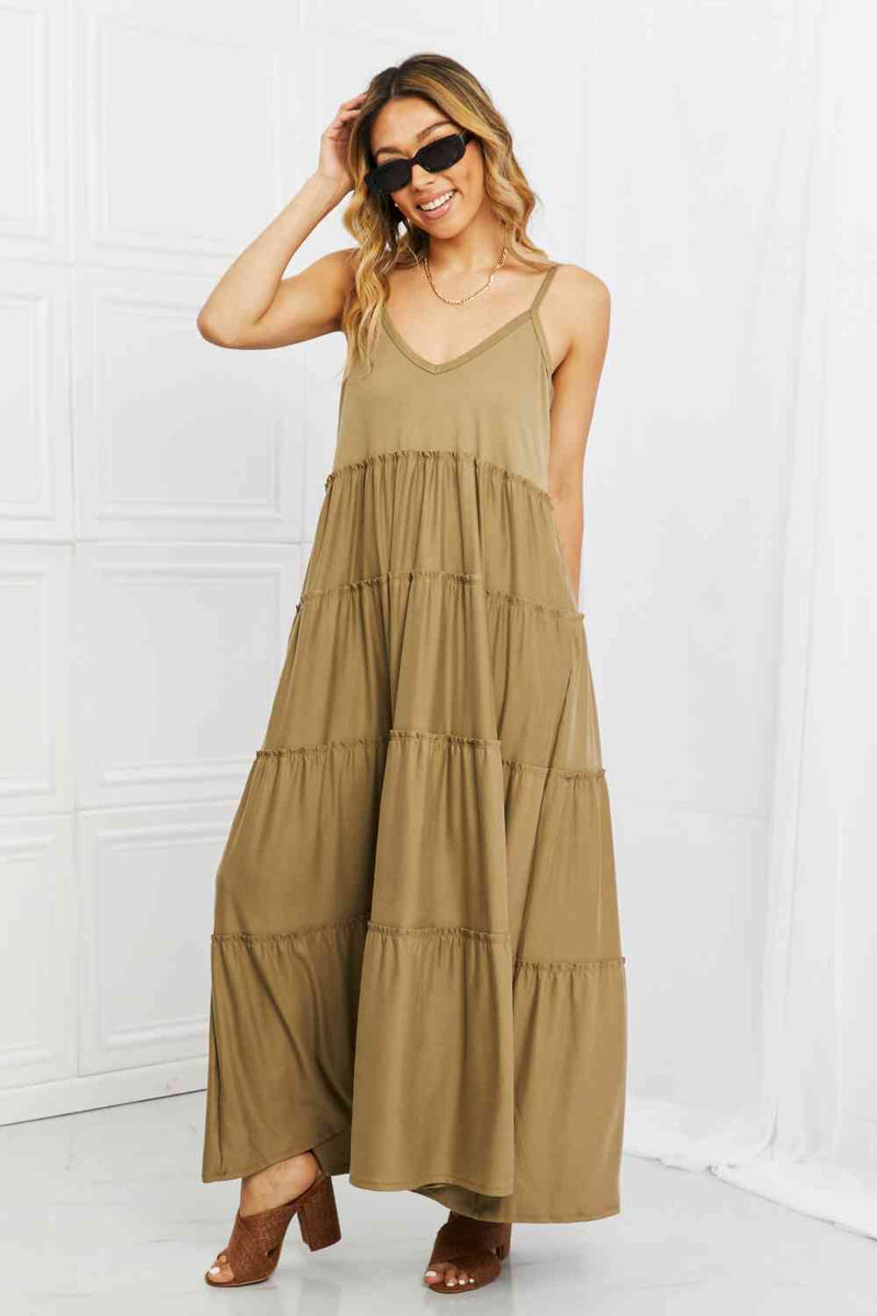 Zenana Full Size Spaghetti Strap Tiered Dress with Pockets in Khaki - Premium Dresses from Trendsi - Just $30! Shop now at Handbags Specialist Headquarter