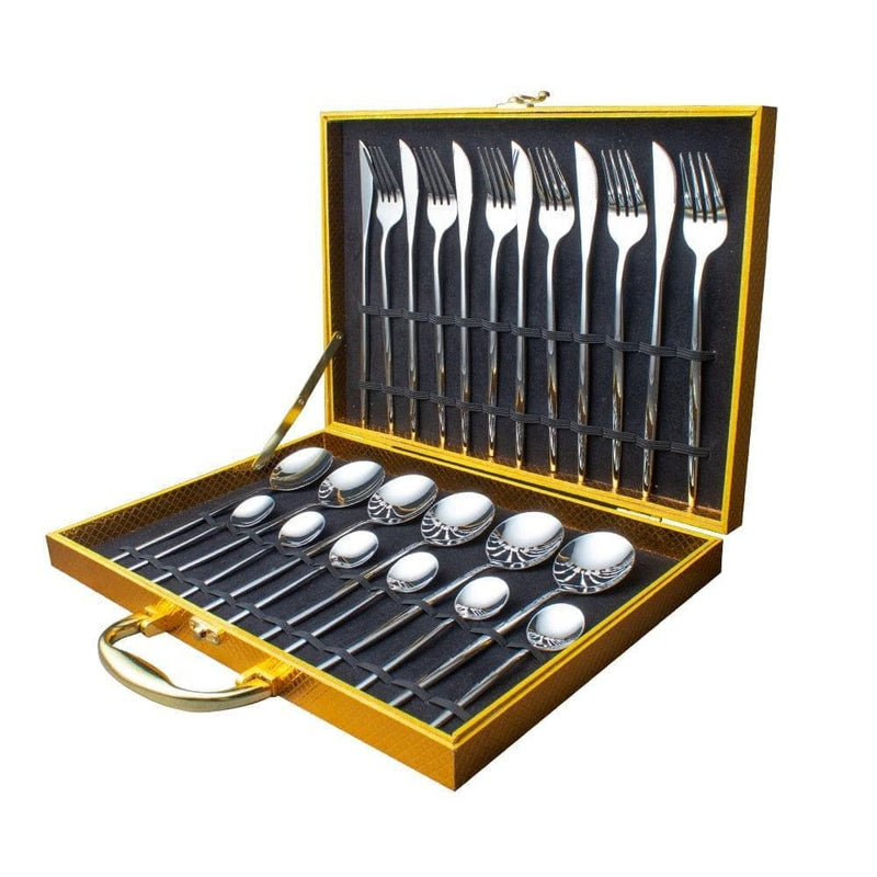 24pcs Gold Dinnerware Set Stainless Steel Tableware Set Knife Fork Spoon Luxury Cutlery Set Gift Box - Handbags Specialist Headquarter