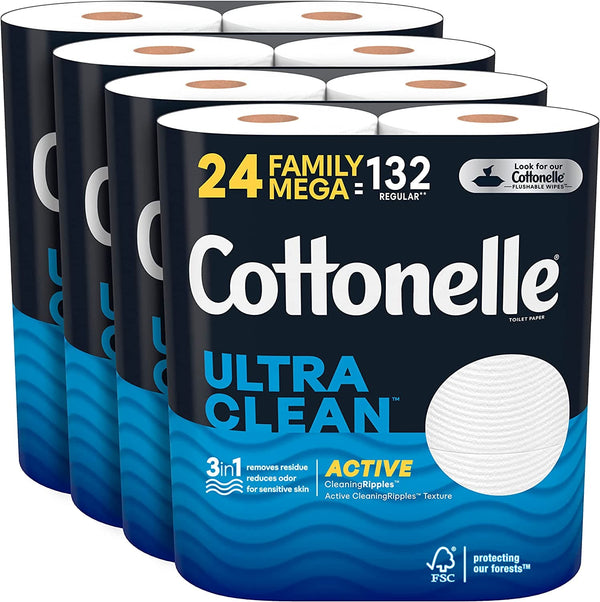 Cottonelle Ultra Clean Toilet Paper with Active CleaningRipples Texture, Strong Bath Tissue, 24 Family Mega Rolls (24 Family Mega Rolls = 132 Regular Rolls) (4 Packs of 6), 388 Sheets per Roll White - Premium Toilet Paper from Visit the Cottonelle Store - Just $48.99! Shop now at Handbags Specialist Headquarter
