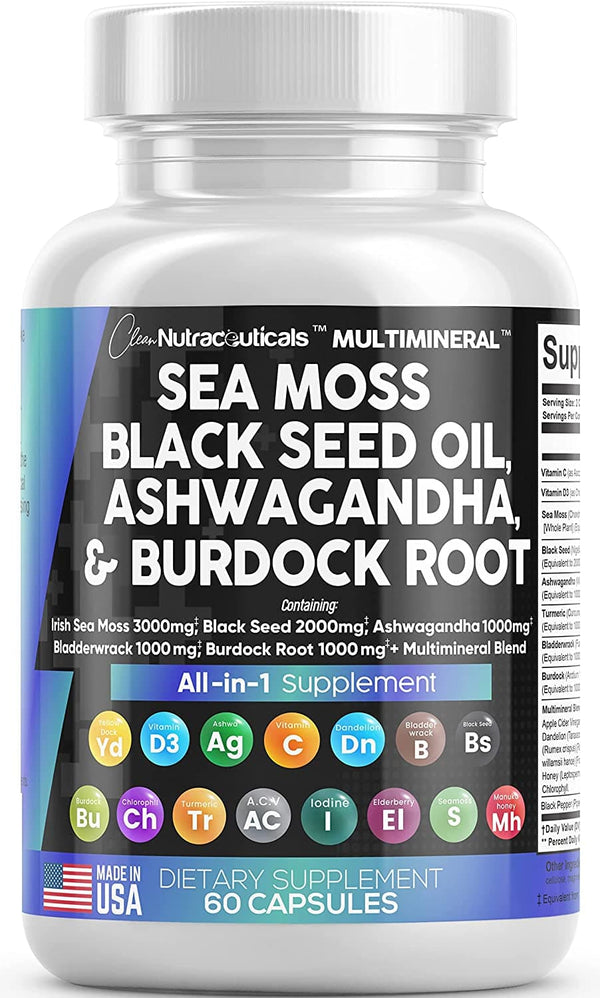Sea Moss 3000mg Black Seed Oil 2000mg Ashwagandha 1000mg Turmeric 1000mg Bladderwrack 1000mg Burdock 1000mg & Vitamin C Vitamin D3 with Elderberry Manuka Dandelion Yellow Dock Iodine Chlorophyll ACV - Premium Health Care from Visit the Clean Nutraceuticals Store - Just $42.41! Shop now at Handbags Specialist Headquarter