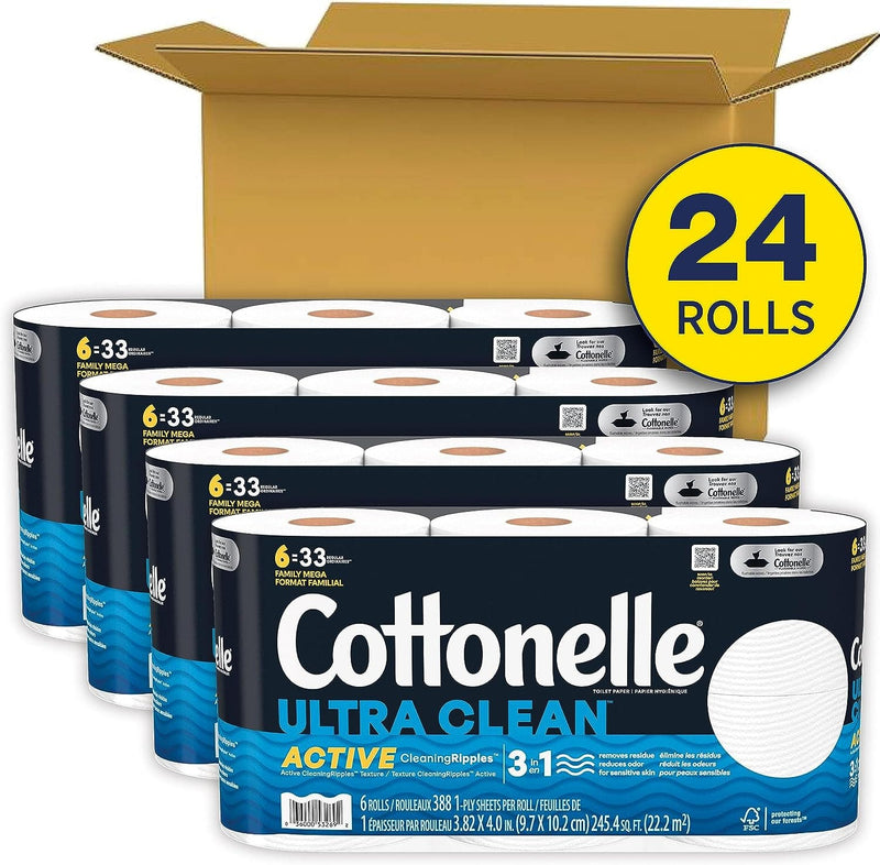 Cottonelle Ultra Clean Toilet Paper with Active CleaningRipples Texture, Strong Bath Tissue, 24 Family Mega Rolls (24 Family Mega Rolls = 132 Regular Rolls) (4 Packs of 6), 388 Sheets per Roll White - Premium Toilet Paper from Visit the Cottonelle Store - Just $48.99! Shop now at Handbags Specialist Headquarter