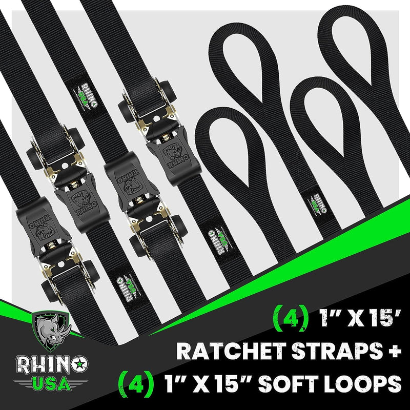 Rhino USA Ratchet Tie Down Straps (4PK) - 1,823lb Guaranteed Max Break Strength, Includes (4) Premium 1" x 15' Rachet Tie Downs with Padded Handles. Best for Moving, Securing Cargo (Black 4-Pack) - Premium Auto Accessories from Visit the Rhino USA Store - Just $62.99! Shop now at Handbags Specialist Headquarter