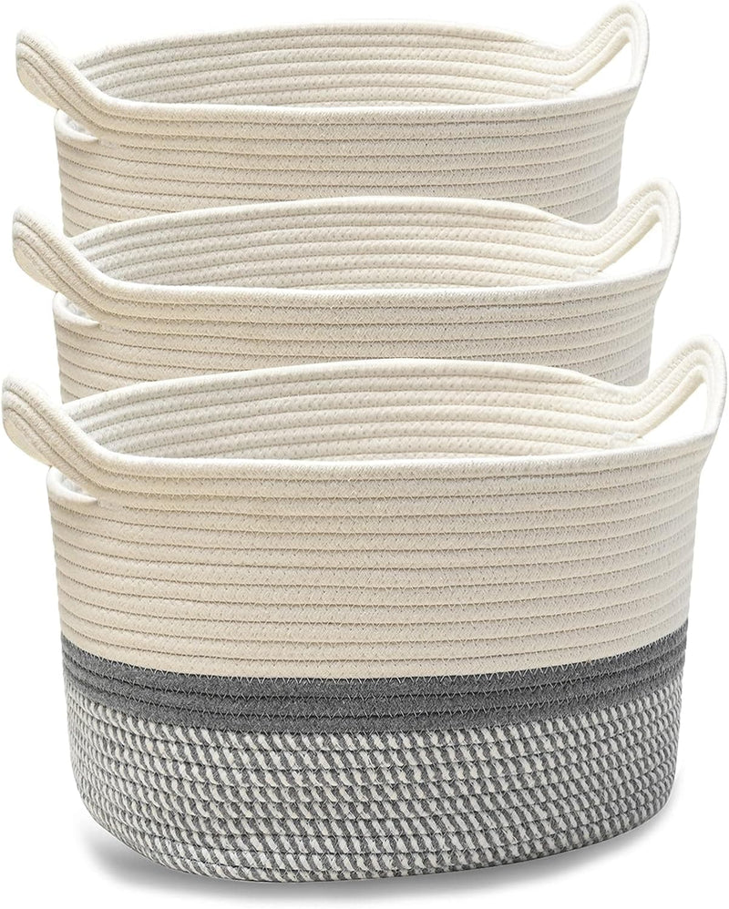 JIA QAQ Square Cotton Rope Samll Baskets With Handles for Nursery, Toys, Household, Handcrafted Woven Gift Baskets for Storage and Organization,13.5x11x9.5inch (white-grey) - Premium DECOR from Brand: JiA QAQ - Just $19.99! Shop now at Handbags Specialist Headquarter