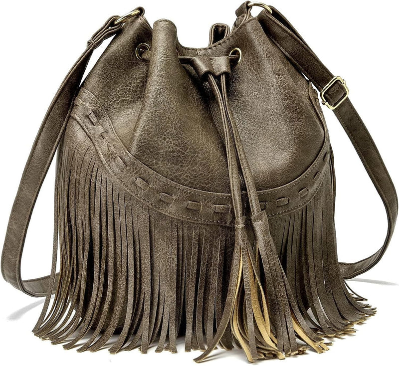 Leather Bucket Bags for Women Crossbody Purses with Drawstring Ladies Tassel Hobo and Shoulder Handbags - Premium Handbags from Brand: Gladdon - Just $18.99! Shop now at Handbags Specialist Headquarter