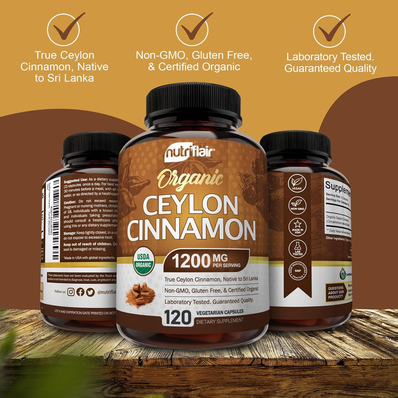NutriFlair Organic Ceylon Cinnamon (100% Certified ) 1200mg per Serving, 120 Capsules - Joints, Inflammatory, Antioxidant, Glucose Metabolism Support- 120 Count (Pack of 1) - Premium Health Care from Visit the NutriFlair Store - Just $32.99! Shop now at Handbags Specialist Headquarter