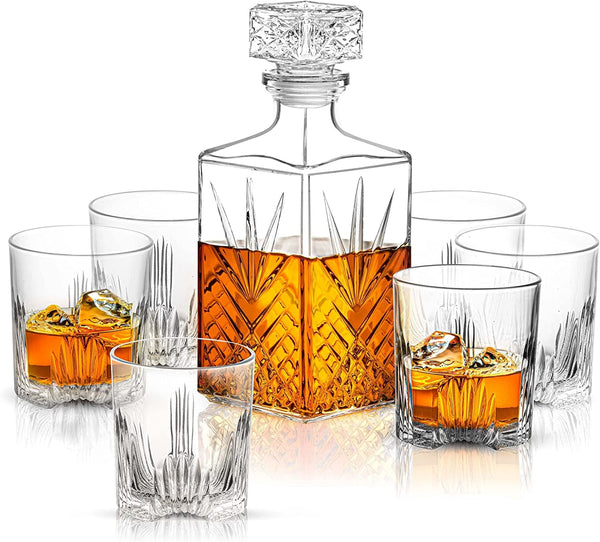 Paksh Novelty 7-Piece Italian Crafted Glass Decanter & Whisky Glasses Set, Elegant Whiskey Decanter with Ornate Stopper and 6 Exquisite Cocktail Glasses - Premium bar accessories from Visit the Paksh Novelty Store - Just $21.99! Shop now at Handbags Specialist Headquarter