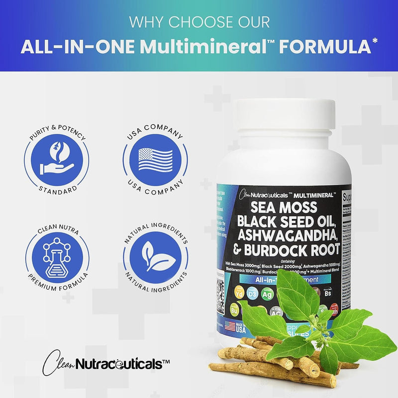 Sea Moss 3000mg Black Seed Oil 2000mg Ashwagandha 1000mg Turmeric 1000mg Bladderwrack 1000mg Burdock 1000mg & Vitamin C Vitamin D3 with Elderberry Manuka Dandelion Yellow Dock Iodine Chlorophyll ACV - Premium Health Care from Visit the Clean Nutraceuticals Store - Just $42.41! Shop now at Handbags Specialist Headquarter