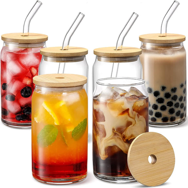 [ 6pcs Set ] Glass Cups with Bamboo Lids and Glass Straw - Beer Can Shaped Drinking Glasses, 16 oz Iced Coffee Glasses, Cute Tumbler Cup for Smoothie, Boba Tea, Whiskey, Water - 2 Cleaning Brushes - Premium bar accessories from Visit the VITEVER Store - Just $32.98! Shop now at Handbags Specialist Headquarter