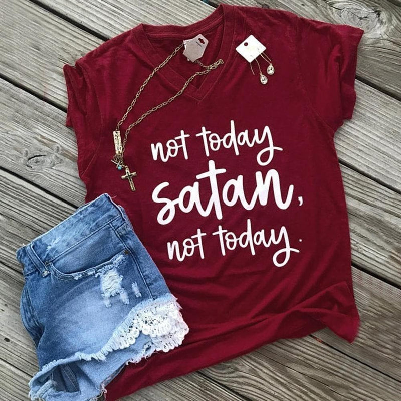 Short Sleeve t shirt Women Not Today Satan Letter Print V-Neck T-Shirt Female Summer Casual Burgundy Ladies Tops Tee - Premium Women's T Shirt from eprolo - Just $15.98! Shop now at Handbags Specialist Headquarter