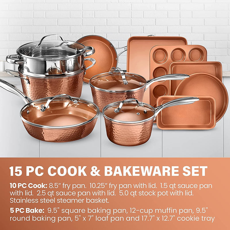 Copper Collection – 15 Piece Premium Cookware & Bakeware Set with Nonstick Coating, Aluminum Composition– Includes Fry Pans, Stock Pots, Bakeware Set & More, Dishwasher Safe - Premium COOKWARE from Visit the GOTHAM STEEL Store - Just $174.38! Shop now at Handbags Specialist Headquarter