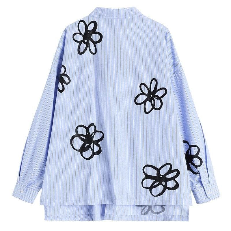 Women Blue Striped Flower Big Size Blouse New Lapel Long Sleeve Loose Fit Shirt - Premium Women's T Shirt from eprolo - Just $37.89! Shop now at Handbags Specialist Headquarter