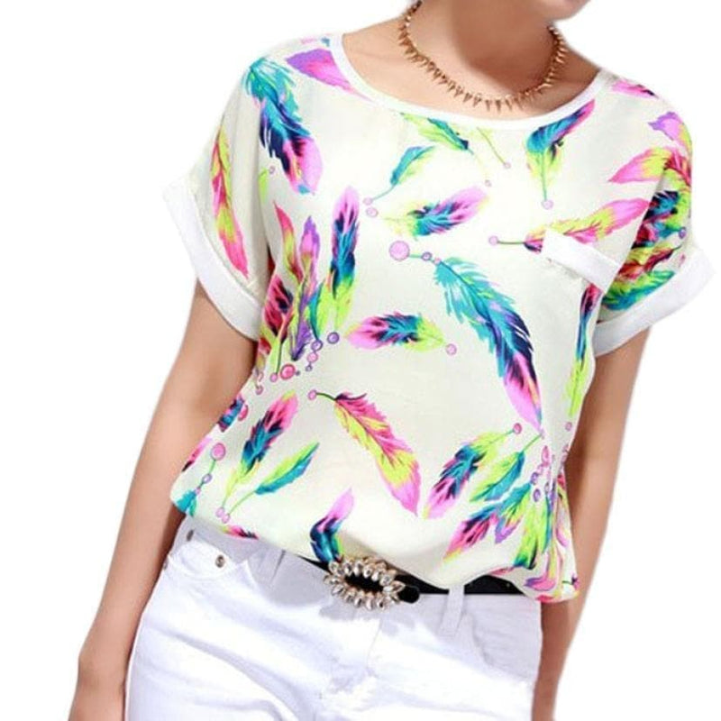 Women Feathers Chiffon Blouse Top Casual Short Sleeve Loose Shirt - Premium Women's T Shirt from eprolo - Just $16.99! Shop now at Handbags Specialist Headquarter
