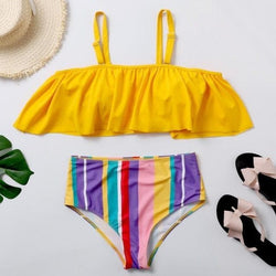 Plus Size Swimwear Women Rainbow Stripes Ruffles Bikini Set Oversize Push Up Padded Swimsuit - Premium Women Swimsuits from eprolo - Just $24.99! Shop now at Handbags Specialist Headquarter