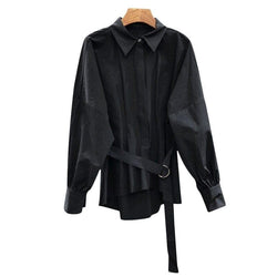 Women Black Irregular Pleated Big Size Blouse New Lapel Long Sleeve Loose Fit Shirt - Premium Women's T Shirt from eprolo - Just $33.99! Shop now at Handbags Specialist Headquarter