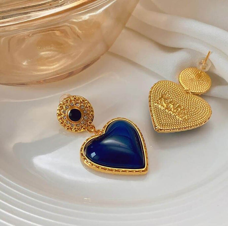 French Retro Medieval Blue Heart Earrings Female Copper Plated Real Gold Heart Earrings 925 Silver Needle High Quality - Premium Earrings from eprolo - Just $17.02! Shop now at Handbags Specialist Headquarter