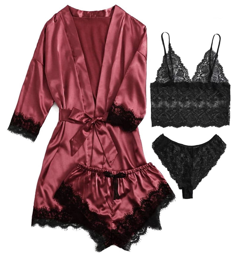 Import to AutoDS    AMITOFO Robes for Women Satin Silk Pajamas Set 4pcs Lace Trim Cami Sexy Lingerie Sleepwear Underwear - Premium women's from AMITOFO - Just $22.99! Shop now at Handbags Specialist Headquarter