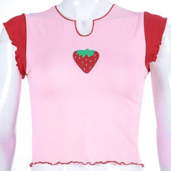 Contrast Color Strawberry Print T-shirt Short Sleeve Navel Bare Crop Tops Tees Slim Fit Women Outfits - Premium Women's T Shirt from eprolo - Just $18.48! Shop now at Handbags Specialist Headquarter