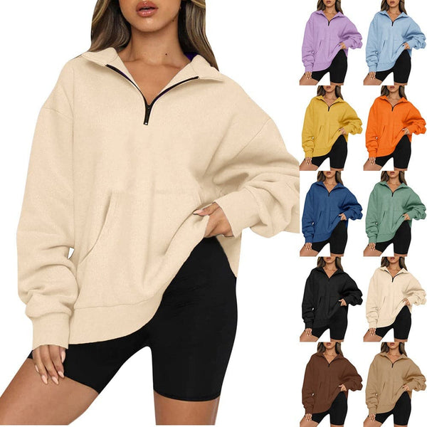 Women's New Pocket Top Half Zipper Pullover Long Sleeve Sweatshirt Sweater