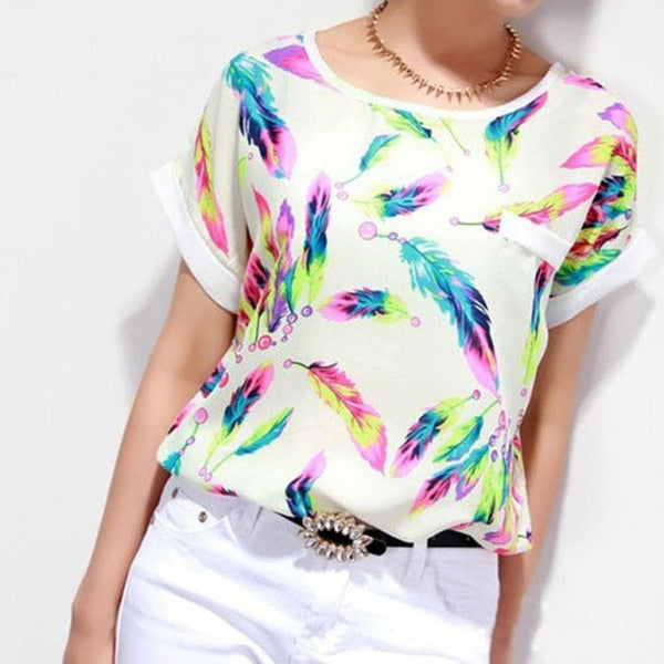 Women Feathers Chiffon Blouse Top Casual Short Sleeve Loose Shirt - Premium Women's T Shirt from eprolo - Just $16.99! Shop now at Handbags Specialist Headquarter