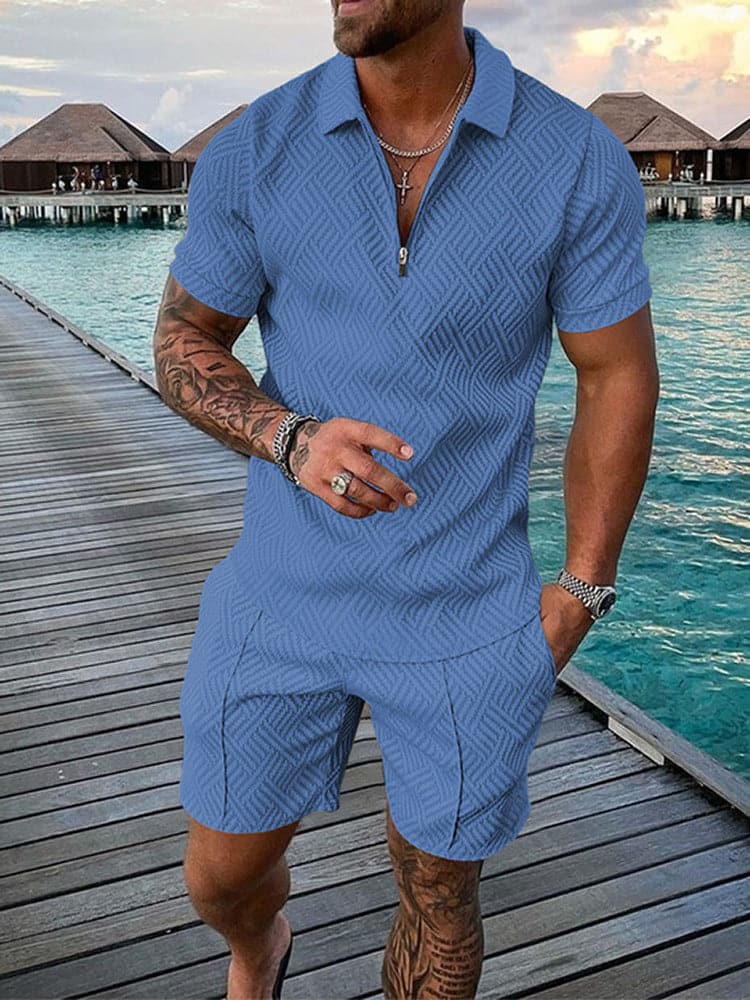 Men's New Casual Color Contrast POLO Zip Lapel Shirt Short Sleeve Suit - Premium  from eprolo - Just $29.99! Shop now at Handbags Specialist Headquarter