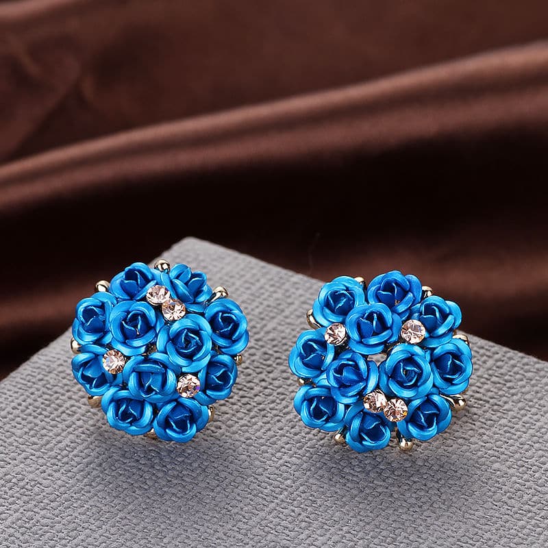Fashion Blue Black Round Bouquet Crystal Rose Gold Wedding Flower Rhinestone Stud Earrings For Women Jewelry Earring Set - Premium Earring from eprolo - Just $17.99! Shop now at Handbags Specialist Headquarter